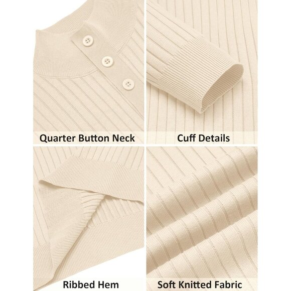 Men's Quarter Button Sweater Long Sleeve Stand Collar Sweater Knitted Beige - Picture 5 of 5